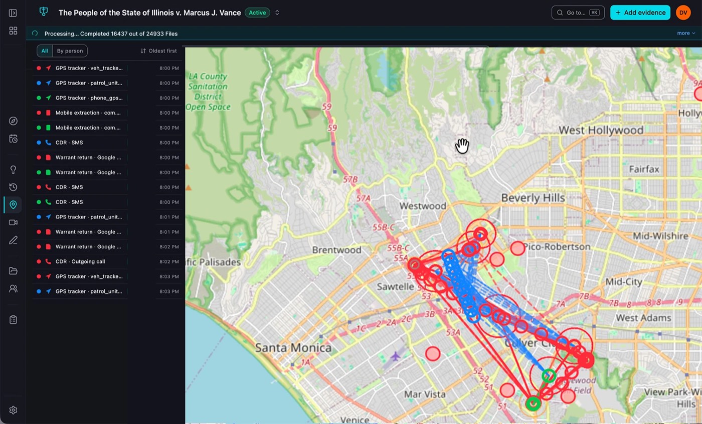 Step two: locations from trackers, call records and warrant returns resolved onto one map