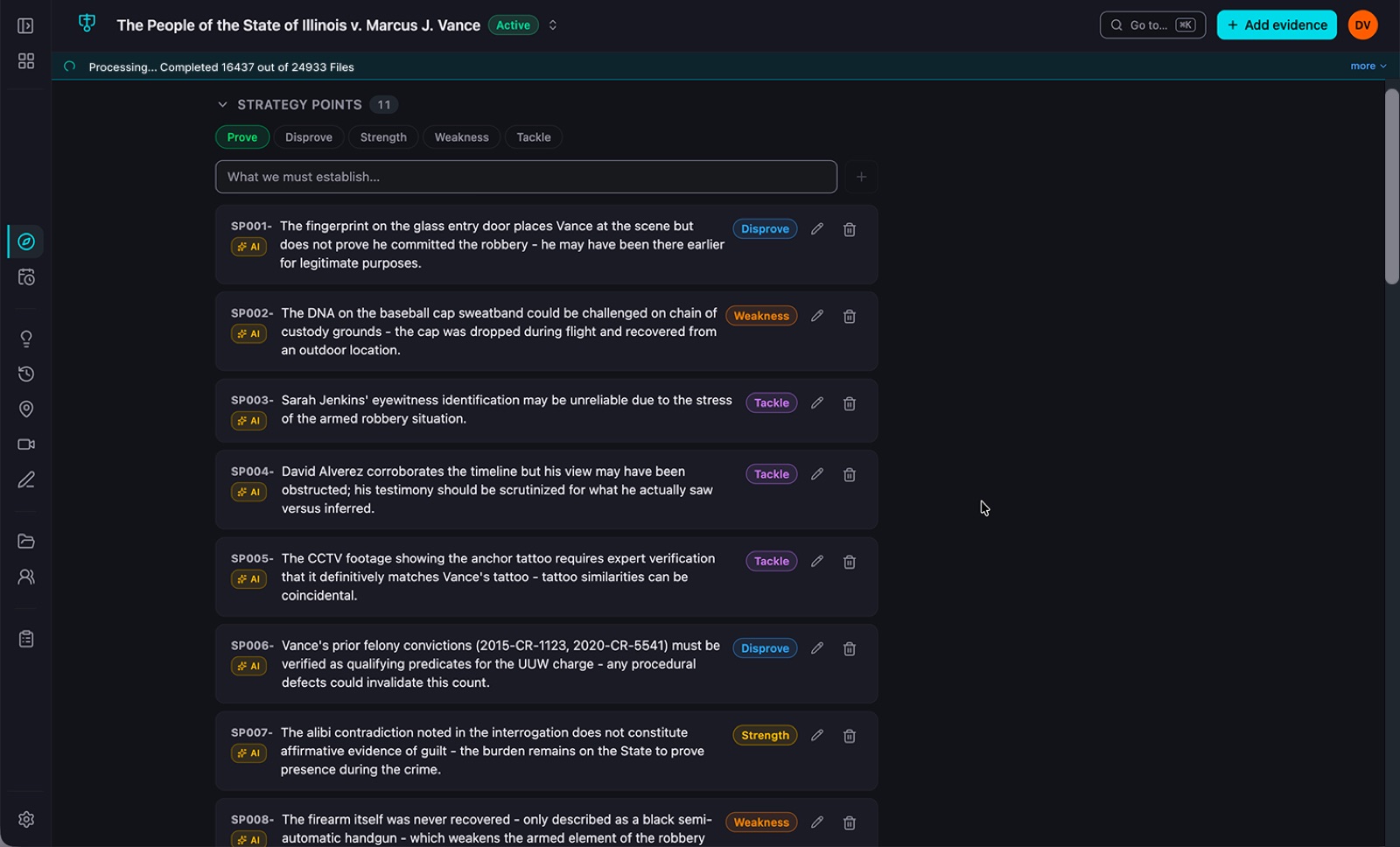 The Alarion platform showing strategy points for a case, each one tagged as something to prove, disprove, tackle, or treat as a strength or weakness